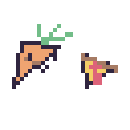 Pixel art Carotte kawaii 16 × 16 et Pizza simple 10 × 10, grille 32 × 32