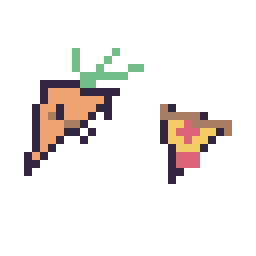 Pixel art Carotte kawaii 16 × 16 et Pizza simple 12 × 12, grille 32 × 32