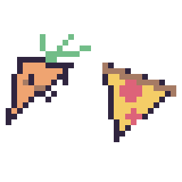 Pixel art Carotte kawaii 16 × 16 et Pizza simple 16 × 16, grille 32 × 32