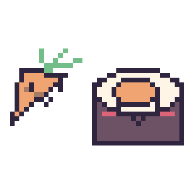 Modèle de pixel art Carotte kawaii 16 × 16 et Sushi kawaii sur une grille de 40 par 40 cases