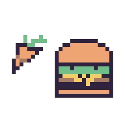 Pixel art Carotte simple 10 × 10 et Burger kawaii 16 × 16, grille 32 × 32