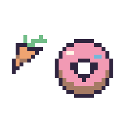 Pixel art Carotte simple 10 × 10 et Donut kawaii 16 × 16, grille 32 × 32
