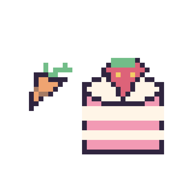 Modèle de pixel art Carotte simple 10 × 10 et Gâteau avec une fraise sur une grille de 40 par 40 cases