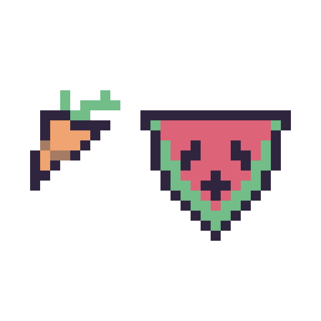Modèle de pixel art Carotte simple 10 × 10 et Pastèque kawaii 16 × 16 sur une grille de 32 par 32 cases