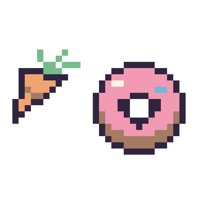 Modèle de pixel art Carotte simple 12 × 12 et Donut kawaii 16 × 16 sur une grille de 32 par 32 cases