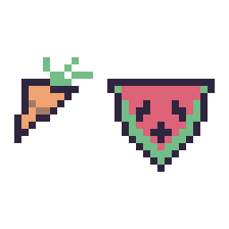 Pixel art Carotte simple 12 × 12 et Pastèque kawaii 16 × 16, grille 32 × 32