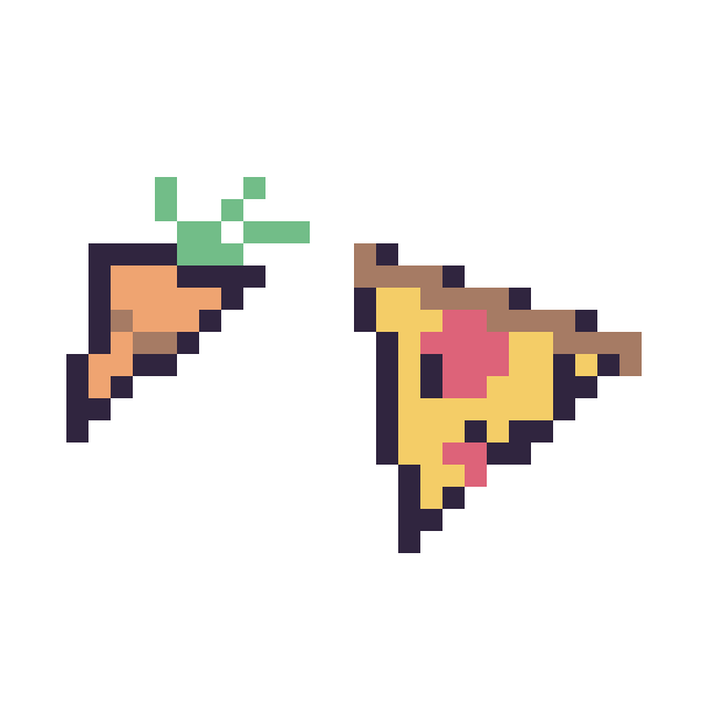 Modèle de pixel art Carotte simple 12 × 12 et Pizza kawaii 16 × 16 sur une grille de 32 par 32 cases