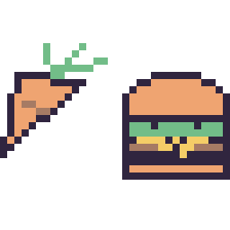 Pixel art Carotte simple 16 × 16 et Burger kawaii 16 × 16, grille 32 × 32