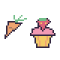 Pixel art Carotte simple 16 × 16 et Cupcake avec une fraise, grille 40 × 40