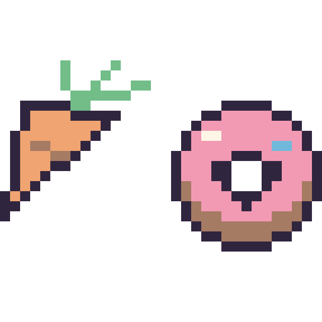 Modèle de pixel art Carotte simple 16 × 16 et Donut kawaii 16 × 16 sur une grille de 32 par 32 cases