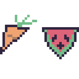 Pixel art Carotte simple 16 × 16 et Pastèque kawaii 16 × 16, grille 32 × 32