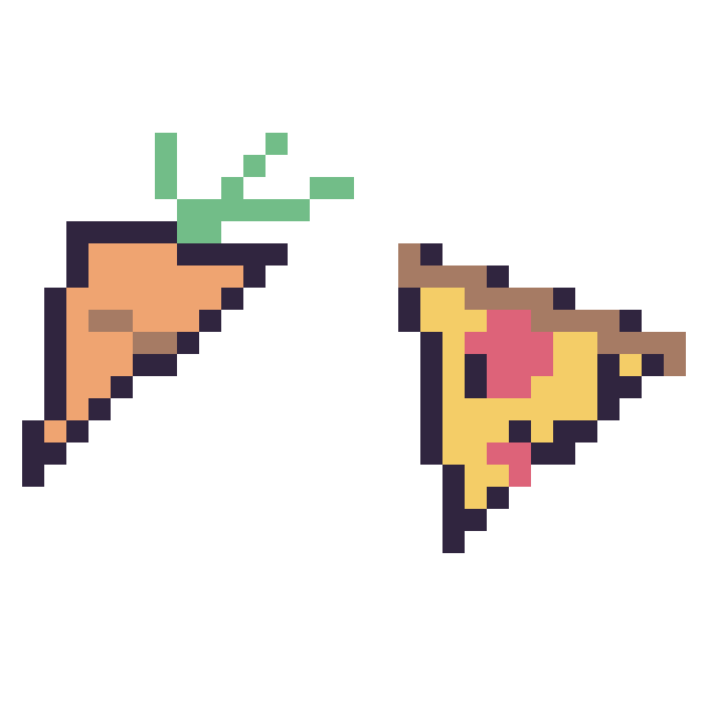 Modèle de pixel art Carotte simple 16 × 16 et Pizza kawaii 16 × 16 sur une grille de 32 par 32 cases
