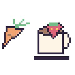 Pixel art Carotte simple 16 × 16 et Tasse de thé avec une fraise, grille 40 × 40