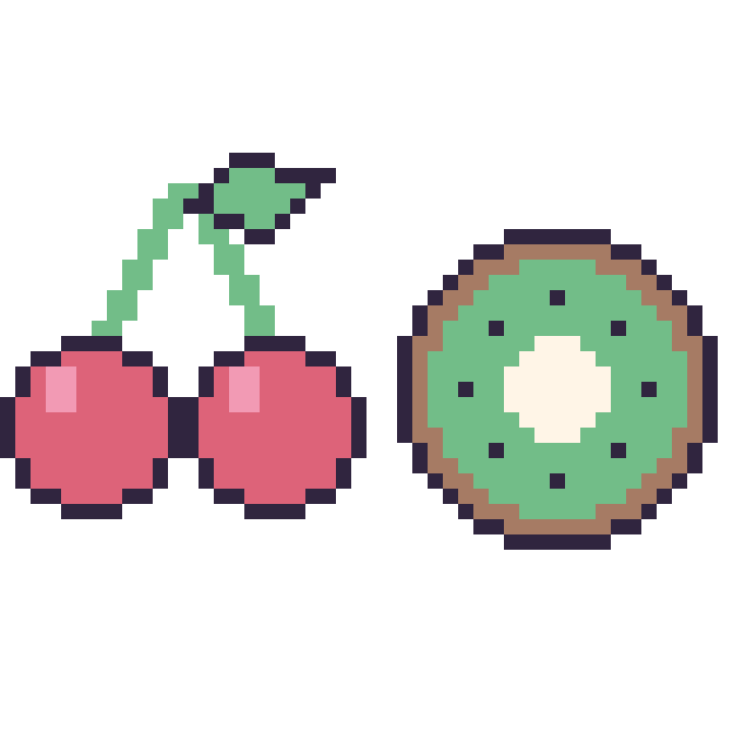 Modèle de pixel art Cerise et Kiwi sur une grille de 48 par 48 cases