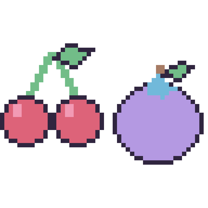 Modèle de pixel art Cerise et Myrtille sur une grille de 48 par 48 cases
