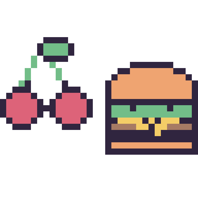 Modèle de pixel art Cerise kawaii 16 × 16 et Burger kawaii 16 × 16 sur une grille de 32 par 32 cases