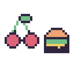 Pixel art Cerise kawaii 16 × 16 et Burger simple 12 × 12, grille 32 × 32