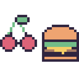 Pixel art Cerise kawaii 16 × 16 et Burger simple 16 × 16, grille 32 × 32