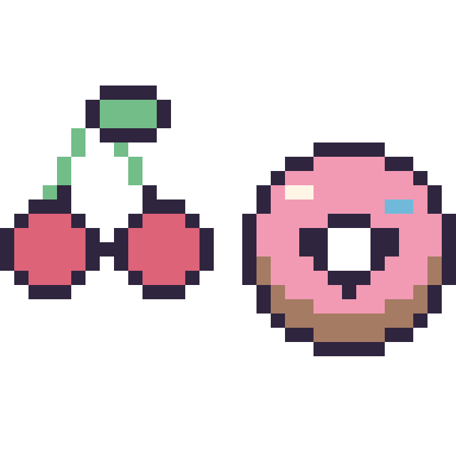 Modèle de pixel art Cerise kawaii 16 × 16 et Donut kawaii 16 × 16 sur une grille de 32 par 32 cases