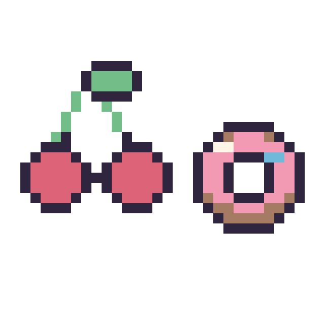 Modèle de pixel art Cerise kawaii 16 × 16 et Donut simple 12 × 12 sur une grille de 32 par 32 cases