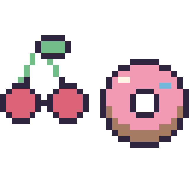 Modèle de pixel art Cerise kawaii 16 × 16 et Donut simple 16 × 16 sur une grille de 32 par 32 cases