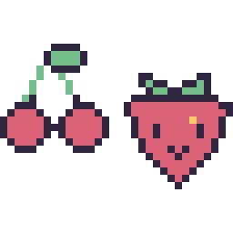 Pixel art Cerise kawaii 16 × 16 et Fraise kawaii 16 × 16, grille 32 × 32