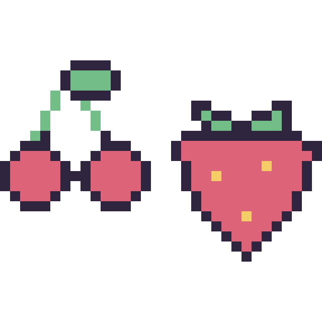 Modèle de pixel art Cerise kawaii 16 × 16 et Fraise simple 16 × 16 sur une grille de 32 par 32 cases
