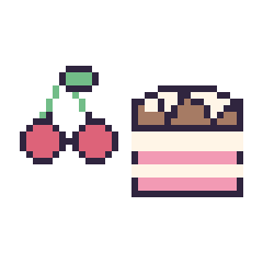 Pixel art Cerise kawaii 16 × 16 et Gâteau au chocolat, grille 40 × 40