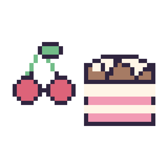 Modèle de pixel art Cerise kawaii 16 × 16 et Gâteau au chocolat sur une grille de 40 par 40 cases
