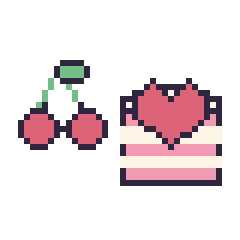 Pixel art Cerise kawaii 16 × 16 et Gâteau avec un cœur, grille 40 × 40