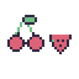 Pixel art Cerise kawaii 16 × 16 et Pastèque simple 10 × 10, grille 32 × 32