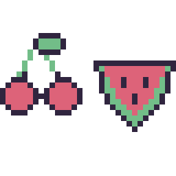 Pixel art Cerise kawaii 16 × 16 et Pastèque simple 16 × 16, grille 32 × 32
