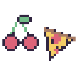 Pixel art Cerise kawaii 16 × 16 et Pizza kawaii 16 × 16, grille 32 × 32