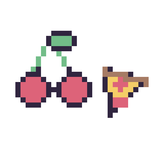 Modèle de pixel art Cerise kawaii 16 × 16 et Pizza simple 12 × 12 sur une grille de 32 par 32 cases