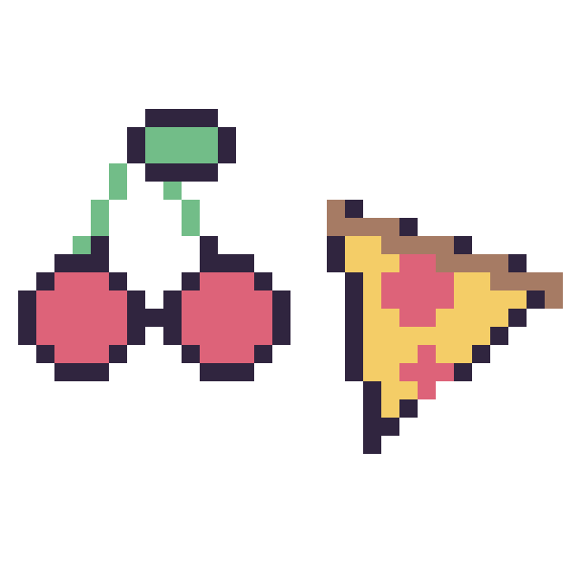 Modèle de pixel art Cerise kawaii 16 × 16 et Pizza simple 16 × 16 sur une grille de 32 par 32 cases