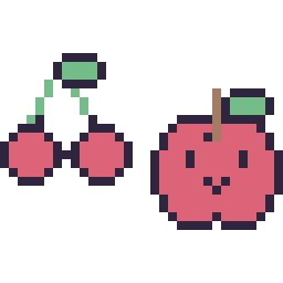 Pixel art Cerise kawaii 16 × 16 et Pomme kawaii 16 × 16, grille 32 × 32