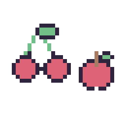 Pixel art Cerise kawaii 16 × 16 et Pomme simple 10 × 10, grille 32 × 32