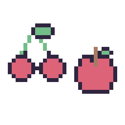 Pixel art Cerise kawaii 16 × 16 et Pomme simple 12 × 12, grille 32 × 32