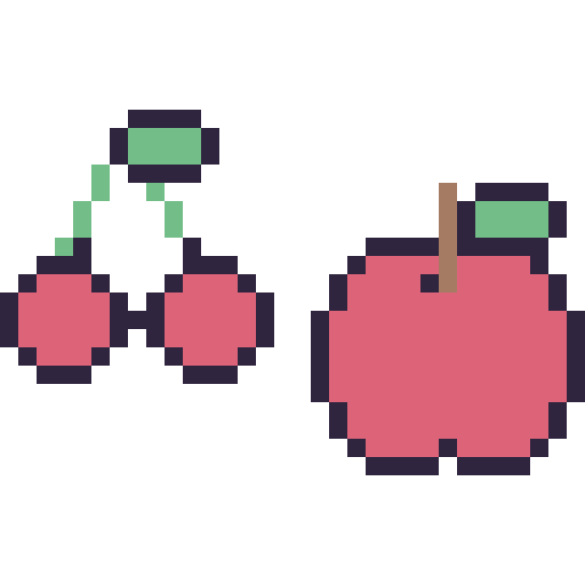 Modèle de pixel art Cerise kawaii 16 × 16 et Pomme simple 16 × 16 sur une grille de 32 par 32 cases