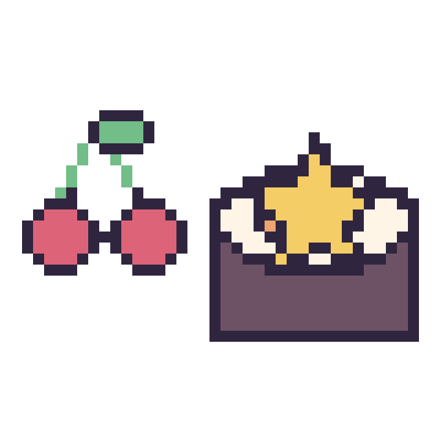 Modèle de pixel art Cerise kawaii 16 × 16 et Sushi avec une étoile sur une grille de 40 par 40 cases