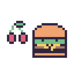 Pixel art Cerise simple 10 × 10 et Burger kawaii 16 × 16, grille 32 × 32