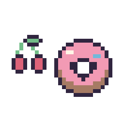 Pixel art Cerise simple 10 × 10 et Donut kawaii 16 × 16, grille 32 × 32