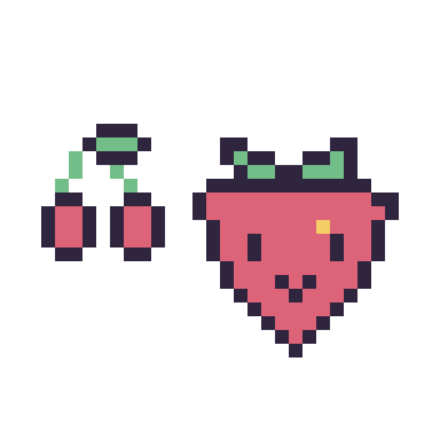 Modèle de pixel art Cerise simple 10 × 10 et Fraise kawaii 16 × 16 sur une grille de 32 par 32 cases