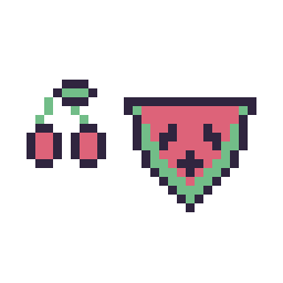 Pixel art Cerise simple 10 × 10 et Pastèque kawaii 16 × 16, grille 32 × 32