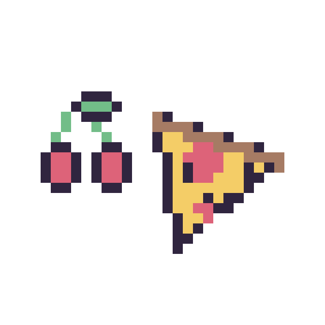 Modèle de pixel art Cerise simple 10 × 10 et Pizza kawaii 16 × 16 sur une grille de 32 par 32 cases