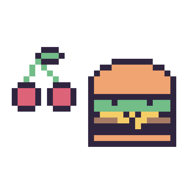 Modèle de pixel art Cerise simple 12 × 12 et Burger kawaii 16 × 16 sur une grille de 32 par 32 cases