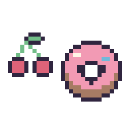 Pixel art Cerise simple 12 × 12 et Donut kawaii 16 × 16, grille 32 × 32