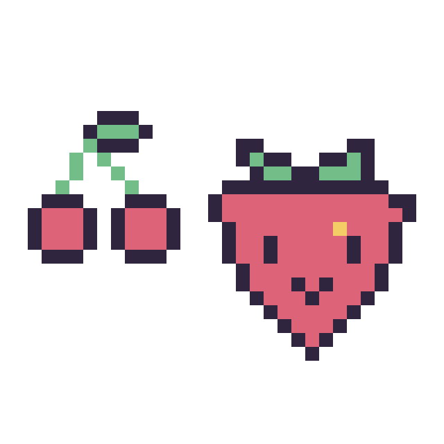 Modèle de pixel art Cerise simple 12 × 12 et Fraise kawaii 16 × 16 sur une grille de 32 par 32 cases