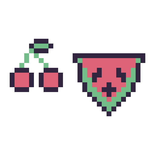 Modèle de pixel art Cerise simple 12 × 12 et Pastèque kawaii 16 × 16 sur une grille de 32 par 32 cases