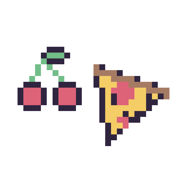 Modèle de pixel art Cerise simple 12 × 12 et Pizza kawaii 16 × 16 sur une grille de 32 par 32 cases